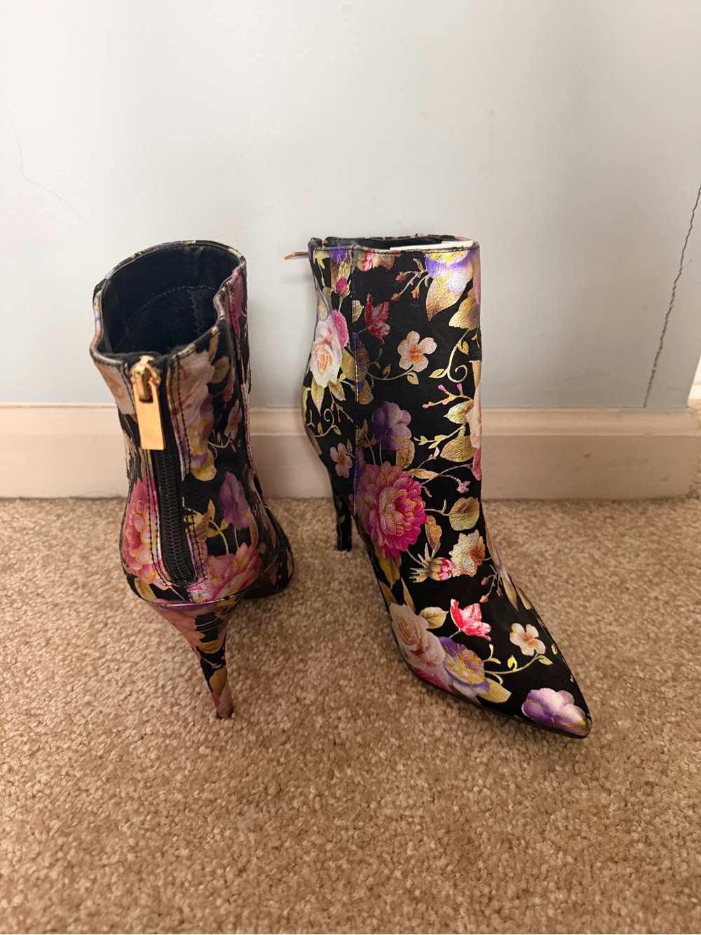 Anne Michelle Black Floral Pointed Stiletto Ankle Boots